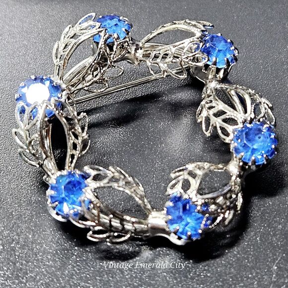 1950s Silver Filigree Blue Rhinestone Brooch Open Leaf Wreath Circle Pin Antique - Picture 11 of 11